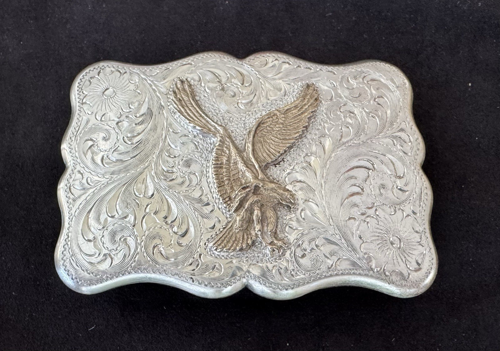 VTG Rare Design Diablo Engraved Sterling Silver OL Eagle in Flight Belt Buckle