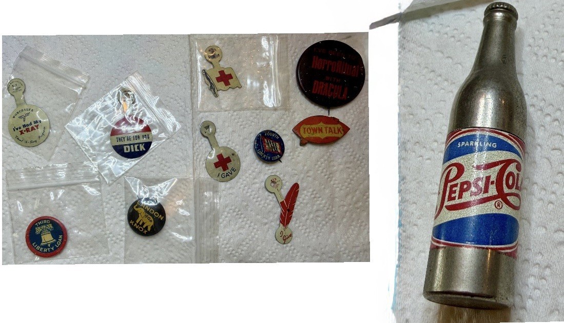 Vintage Lot of 10 Old Pins Red Cross Unions Mini Metal Pepsi Advertising Bottle 