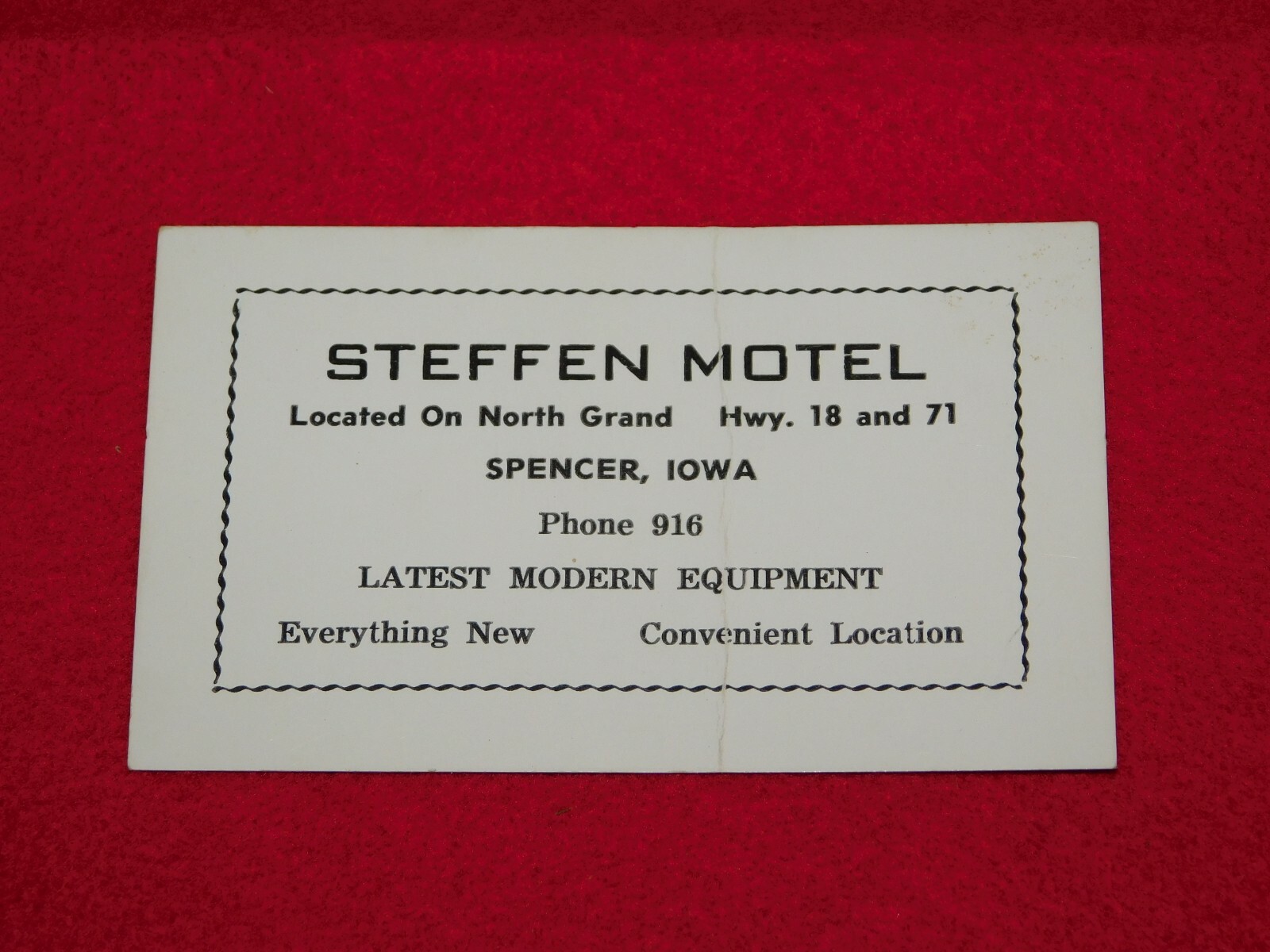 VINTAGE BUSINESS CARD STEFFEN MOTEL SPENCER IOWA 