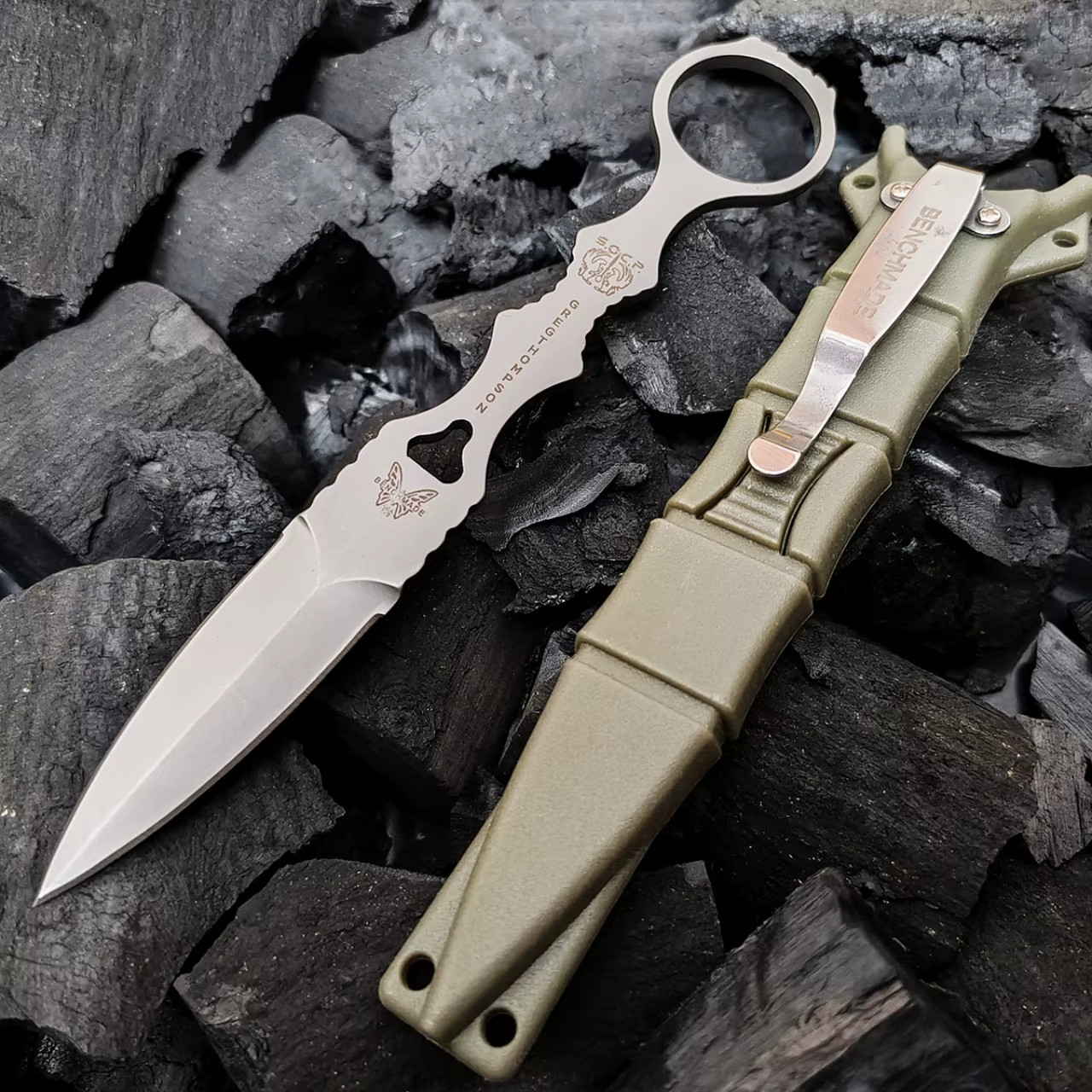 BM 176 SOCP Dagger with Logo D2 Fixed Blade w/ Sheath. Logo on Blade & Sheath.