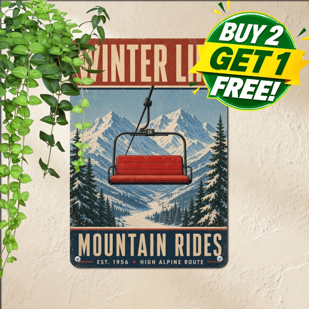 Alpine Mountain Ski Machine Plaque Vintage Winter Sports Metal Tin Sign