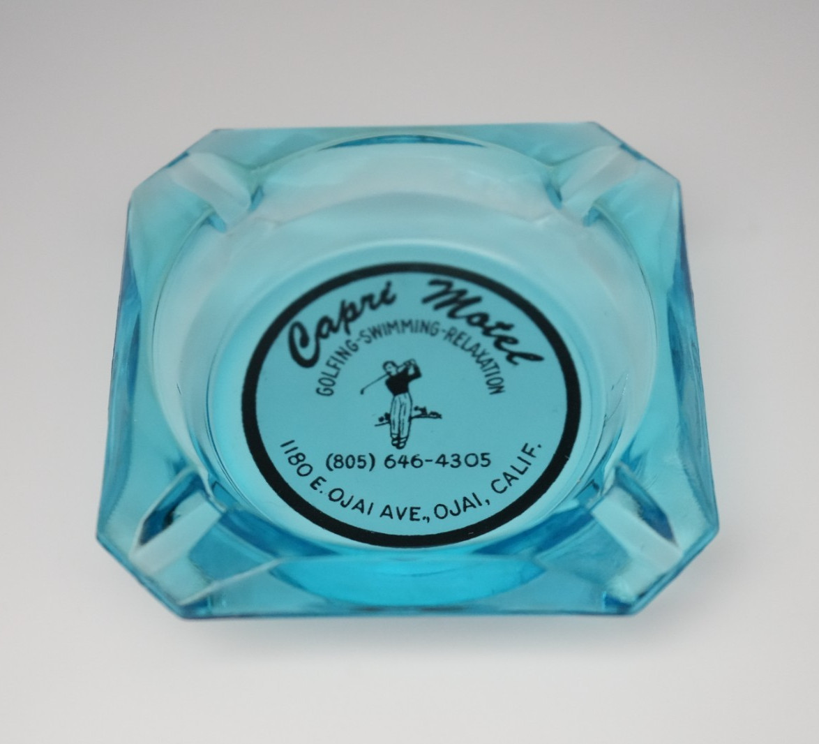 Vintage Marketing Ashtray Motel Capri Ojai California CA Golfing RARE BLUE GLASS