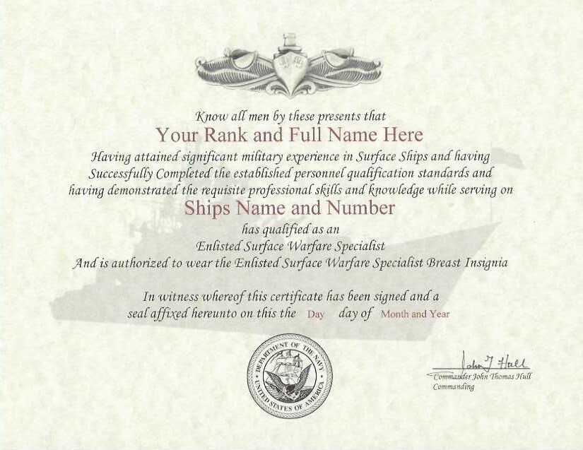 US Navy Enlisted Surface Warfare Specialist Replacement Certificate 8.5X11