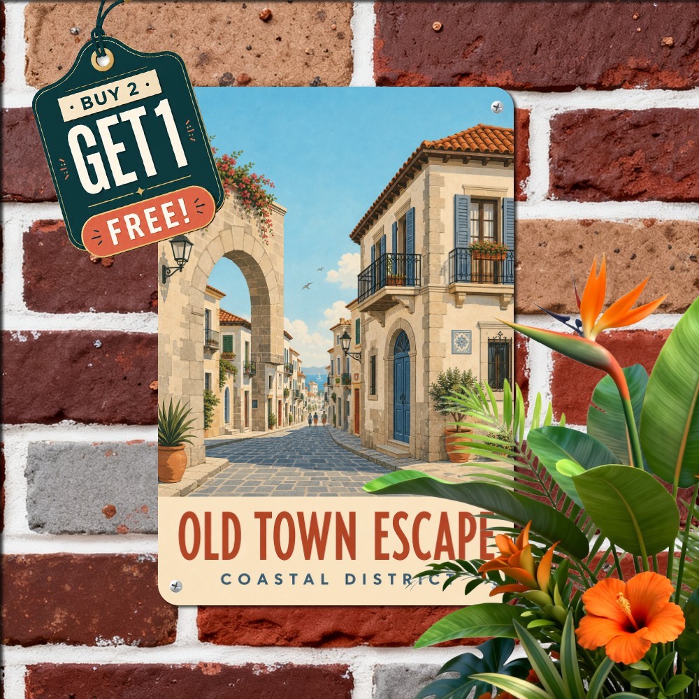 Old Town Archway Historic Street Scene Sign Vintage Travel Metal Tin Plaque