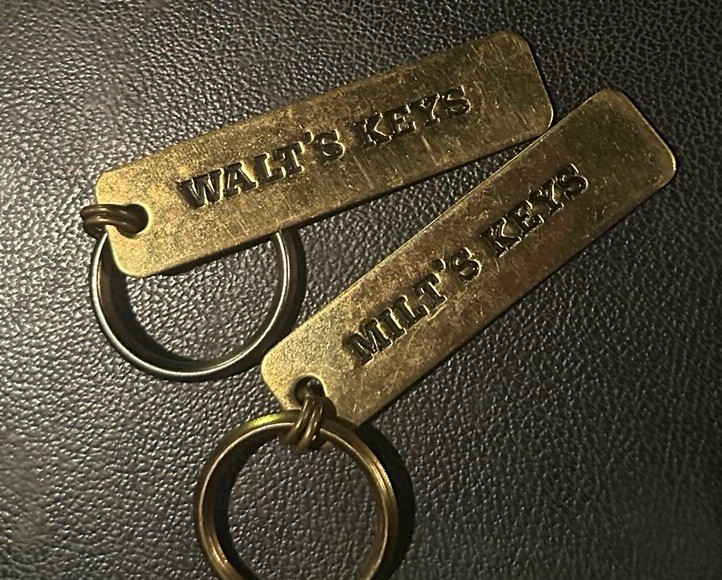 2 Vintage Engraved Brass Keychains w/ Detachable Rings Walt Milt Made in USA