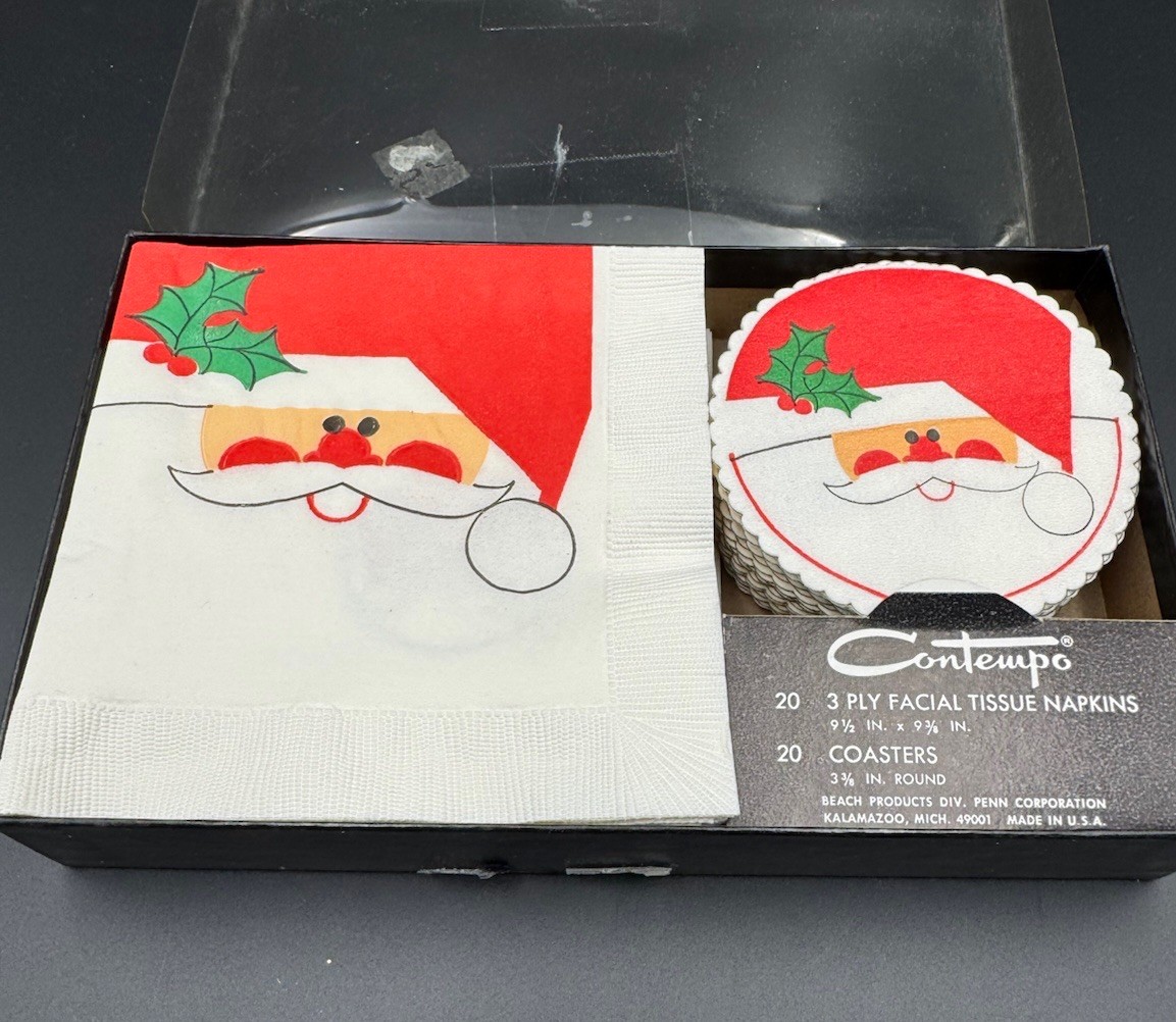 Vintage Contempo Santa Paper Napkins & Coasters - original box 1970’s Christmas