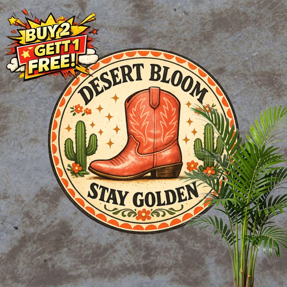 Cowboy Stetson Desert Cactus Floral 8x8 Inch Round Metal Tin Sign Wall Plaque