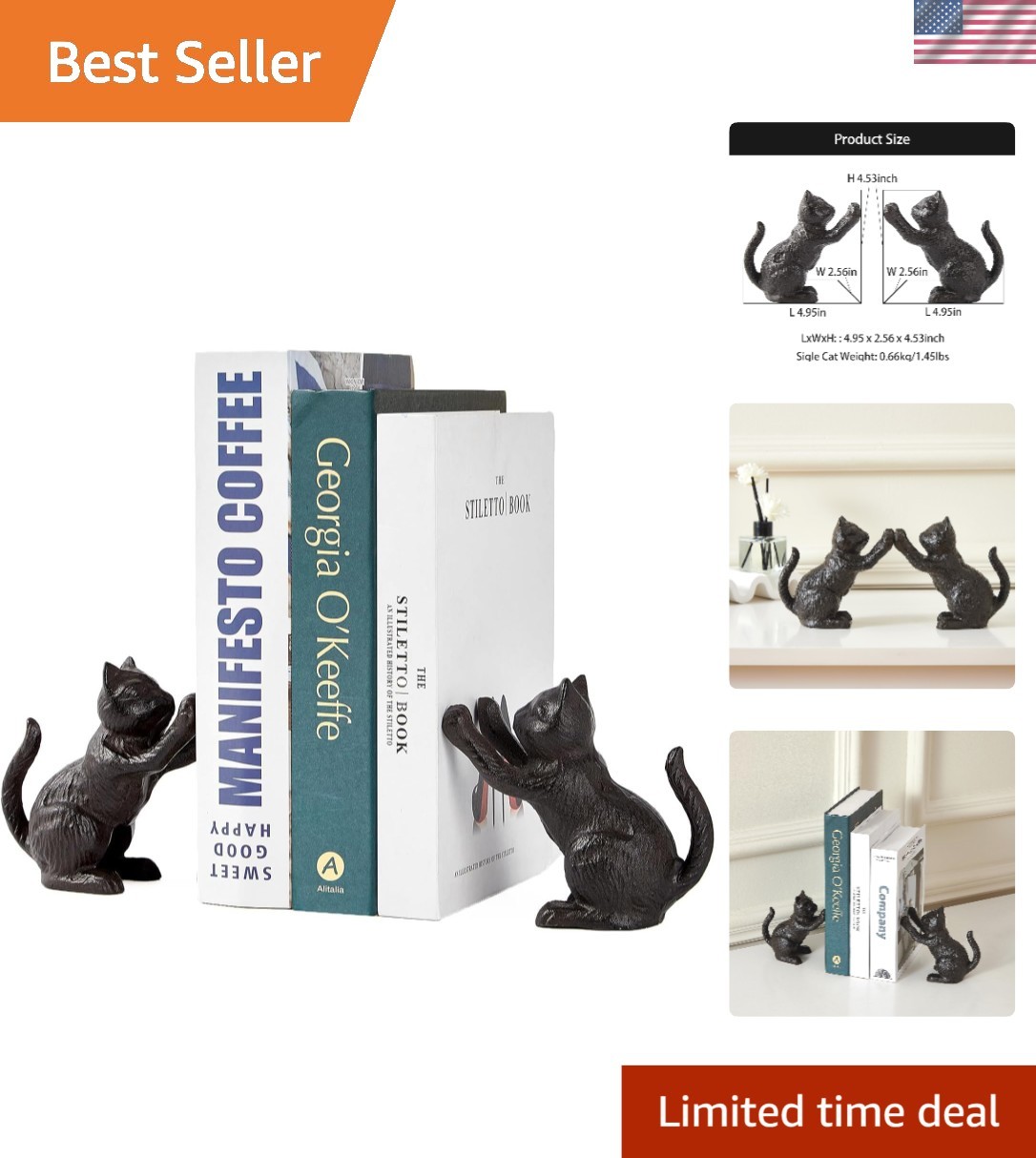 Antique Black Cat Decorative Bookends - Sturdy Cast Iron Book Holders, Pair of 2