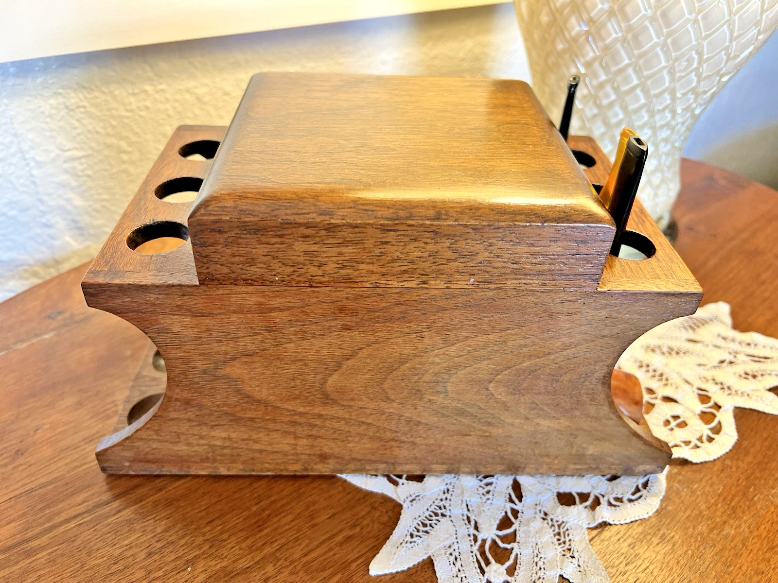 Vintage 6 Pipe Tobacco Milk Glass Humidor Wood Stand W/ 3 pipes Novelty Pattberg