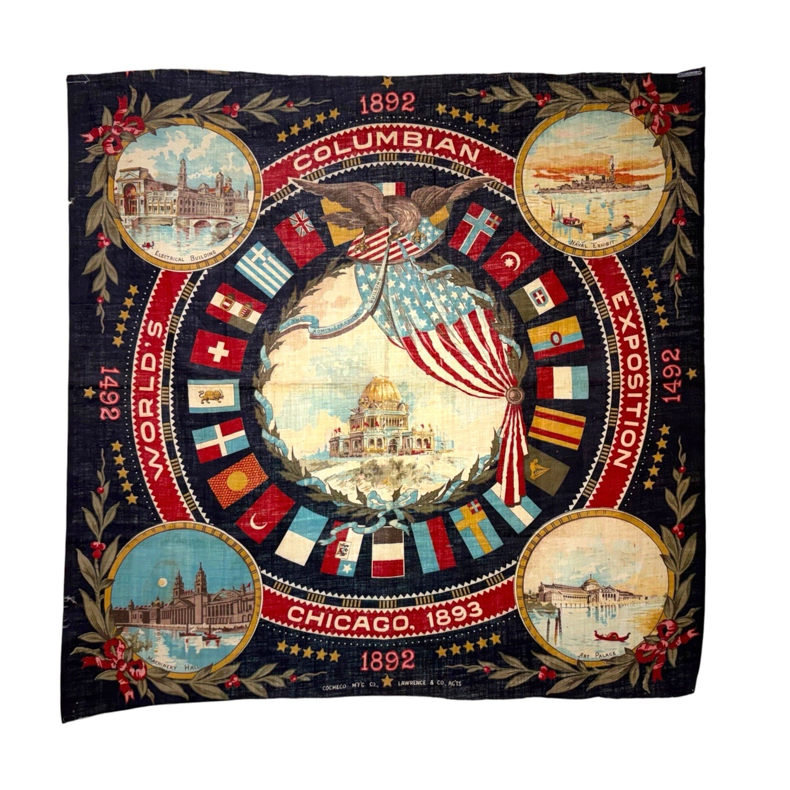 Antique 1892 Chicago Worlds Fair Columbian Exposition Souvenir 23.5 x 23.5” RARE