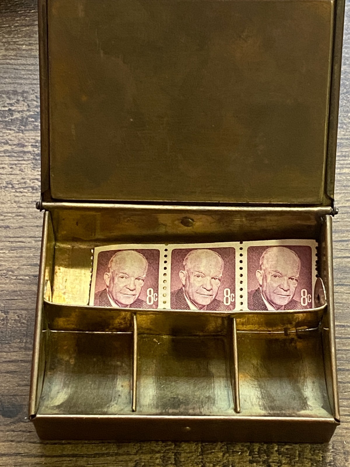 Vintage Antique Brass Stamp Box - Czechoslovakia w/Eisenhower 8 Cent Stamps