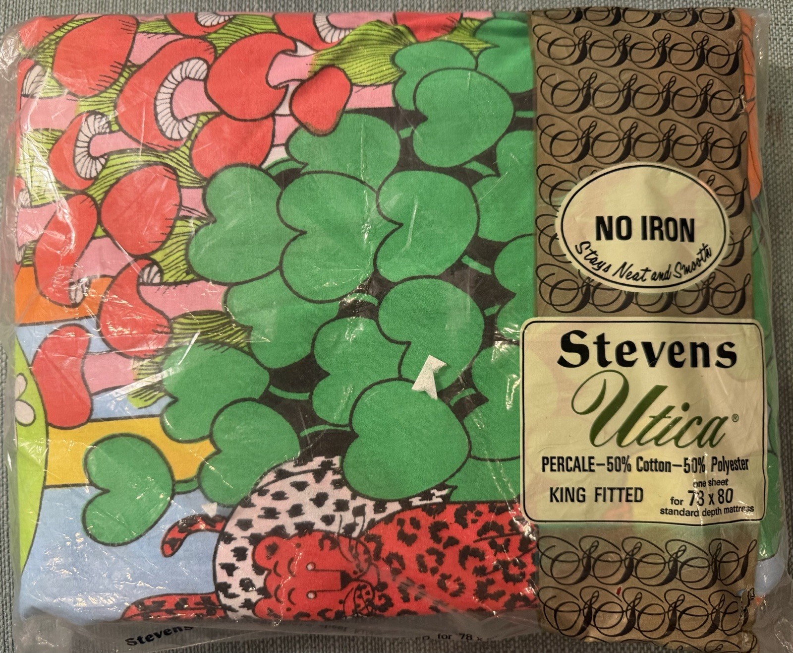 Vintage 1970’s JP Steven’s Utica Botanical Zoo Jungle King Fitted Sheet Mint/NOS
