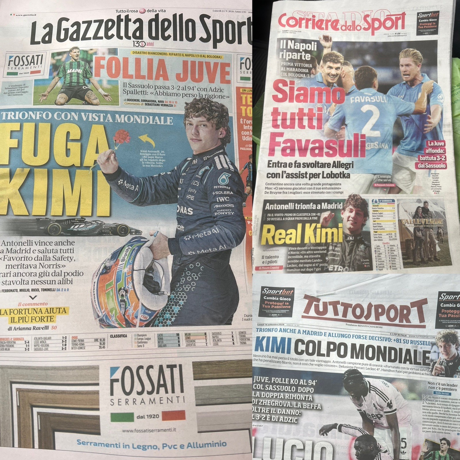 CORRIERE TUTTOSPORT LA GAZZETTA DELLO SPORT 14 SEPTEMBER 2026 ANTONELLI MADRID