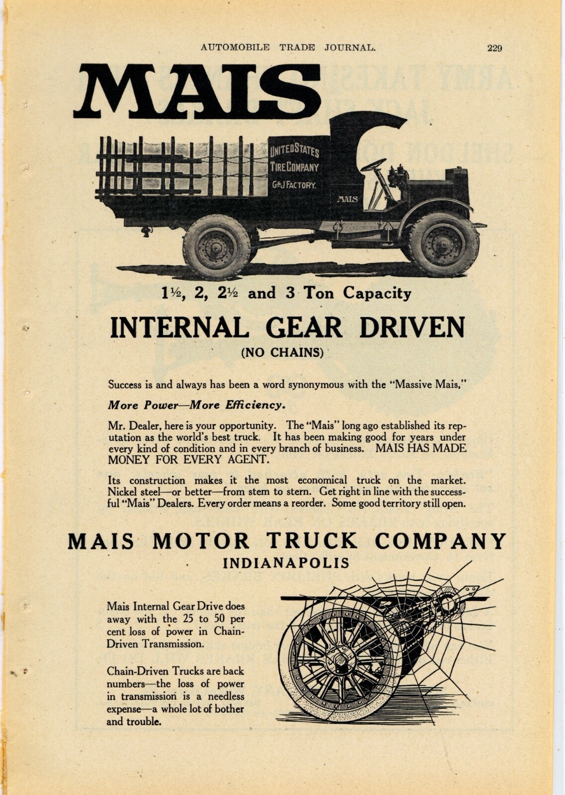 1913 Mais Motor Truck Co. of Indianapolis Ad: United States Tire Factory Truck