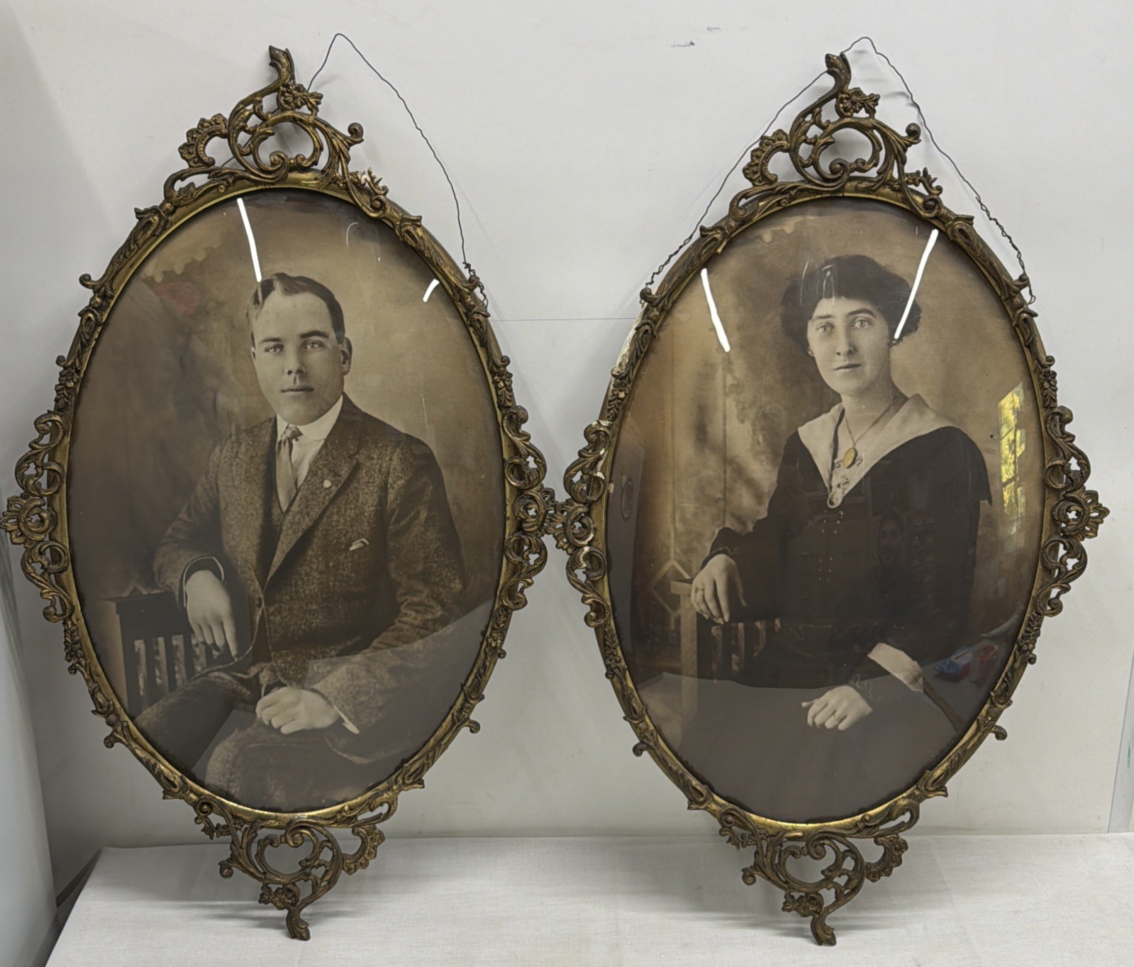 Antique Victorian Ornate Brass Bubble Glass Oval Picture Frames HTF Matching Set