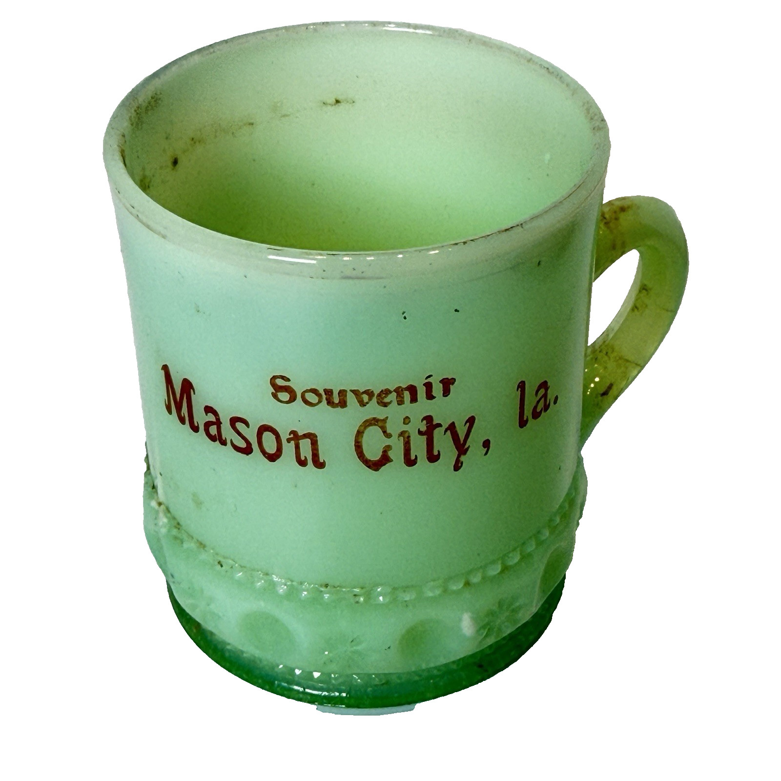 MASON CITY IOWA IA Uranium Antique GREEN Custard Glass Souvenir Trinket MINI CUP