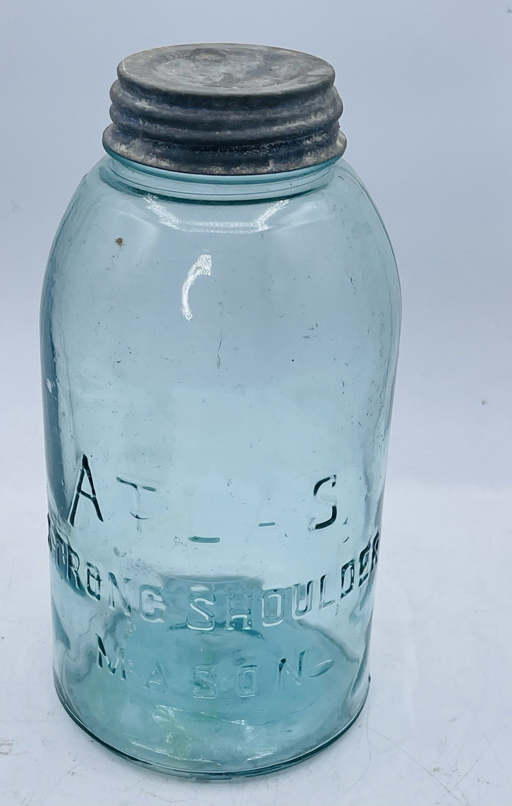 Atlas Mason Jar Strong Shoulder Mason Quart Blue Tint Glass Genuine Zinc Lid Vtg