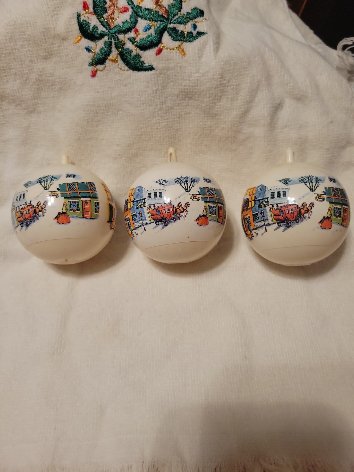 (3) VTG 1970\'s Hard Plastic Christmas Ornaments Vintage Town Scene Winter