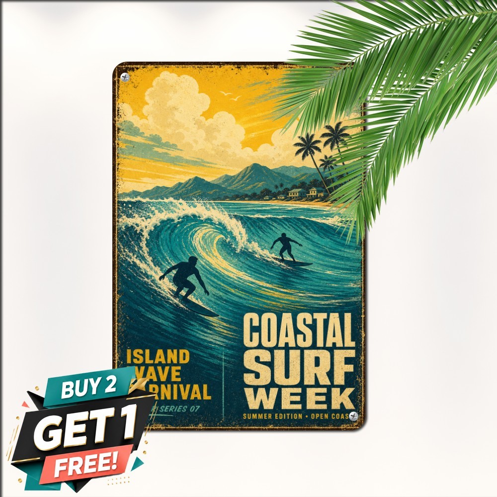 Surfers Wave Sunset Silhouette Sign Tropical Surf Beach Metal Tin Plaque