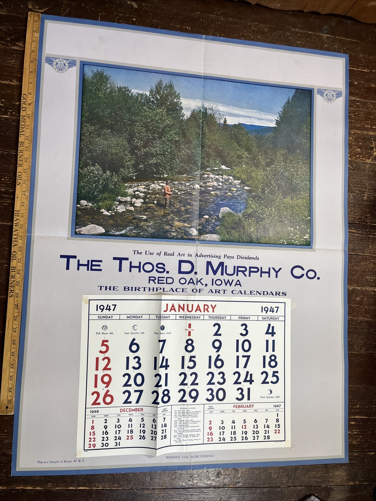 1947 Salesman Copy Calendar Wishing You Were Fishing? Iowa Series 49R3 RARE VTG