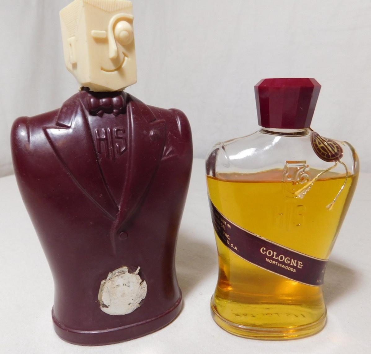 1940's House For Men HIS Northwoods Cologne/Blockhead Talc Bottles MCM Art Deco