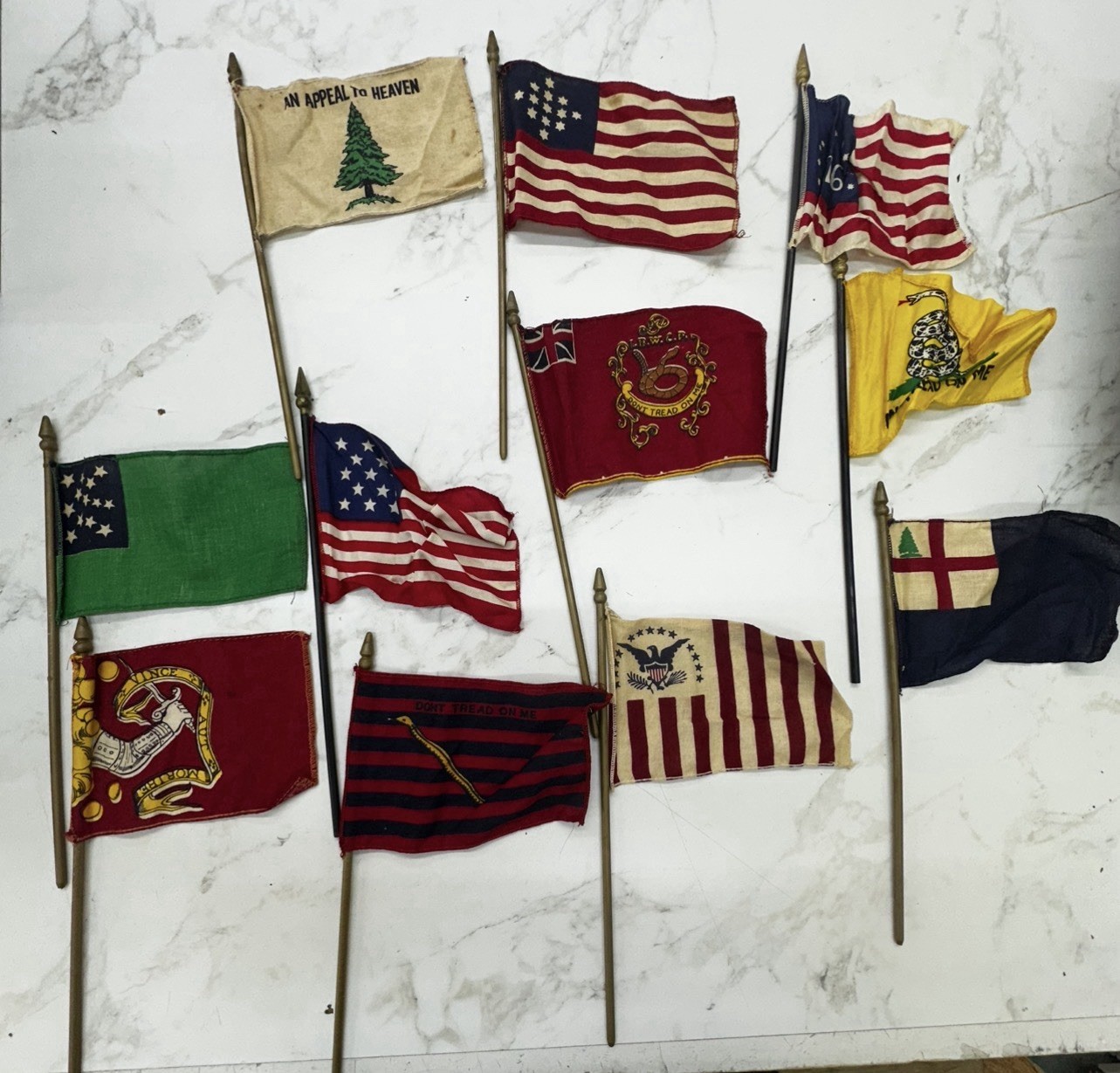 Vintage Mid Century Miniature Historical Flags Wood Staffs Lot of 10