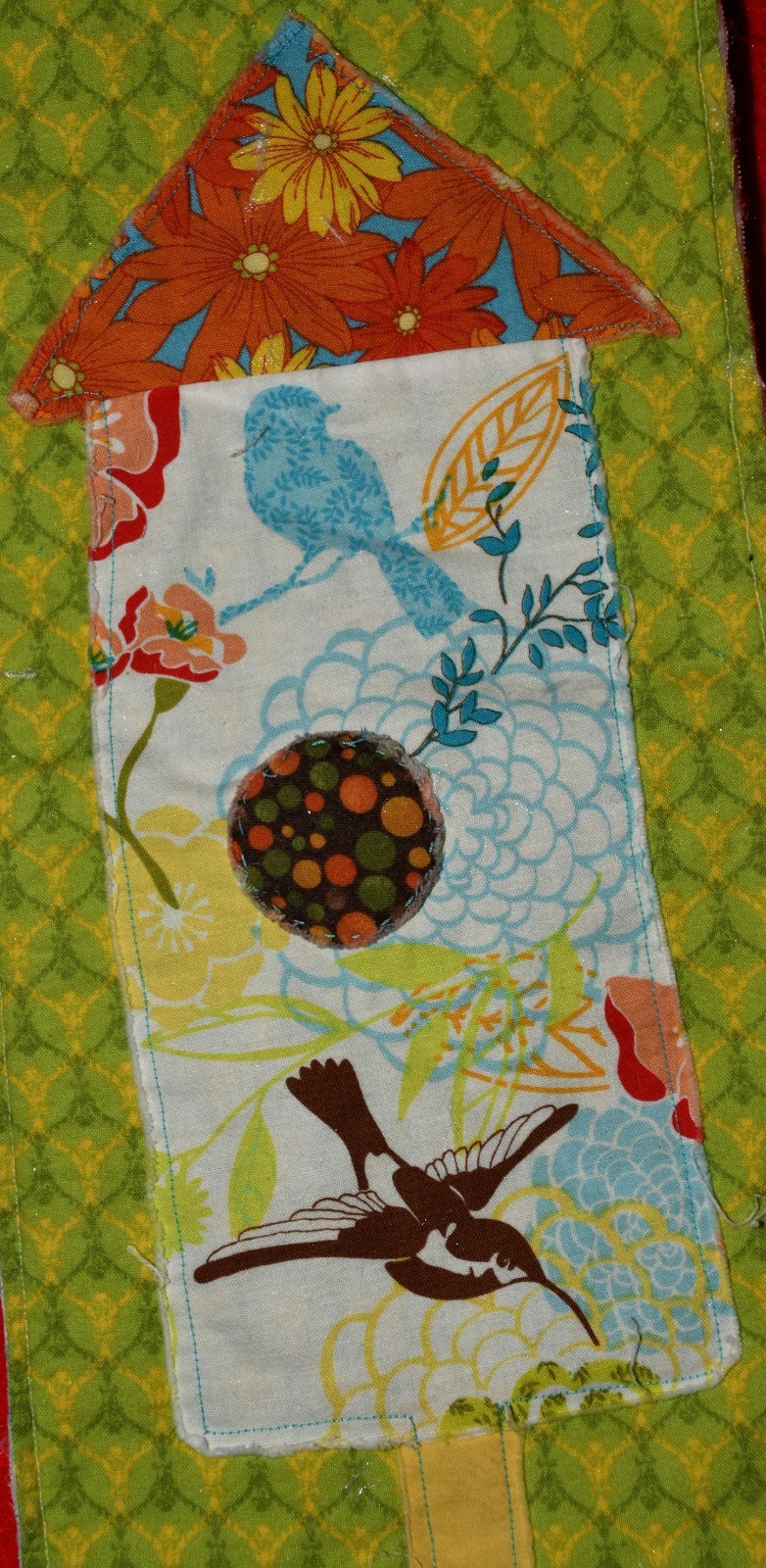 Vintage Birdhouse Patchwork Cutter Quilt Block Piece Floral Bird Flowers Dots