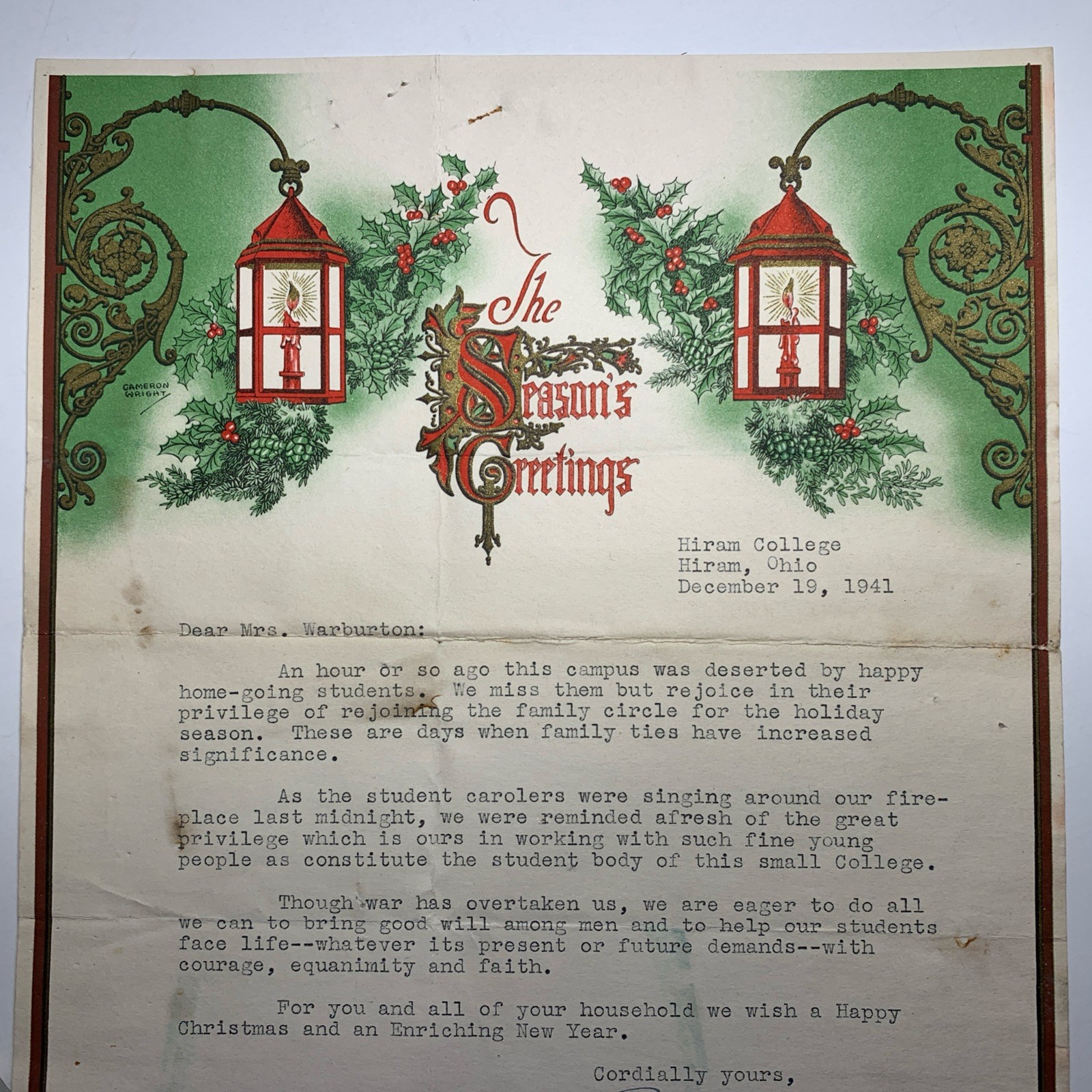 Rare Hiram Ohio College Color Letterhead Season Greetings Signed President Fall