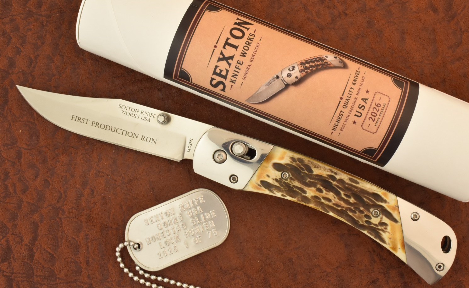 SEXTON KNIFE WORKS USA 2026 BONESTAG SLIDE LOCK HUNTER KNIFE FIRST PROD. RUN