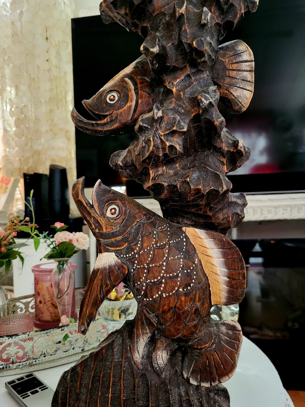 RARE Hand CARVED Triple FISH Coral Cuban GUAYACAN Wood Statue Reduced