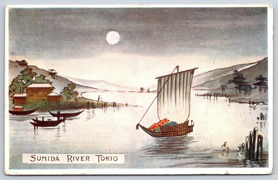 London Antique Japan Postcard TOKYO Sumida River Moonlight Sailboat 1907