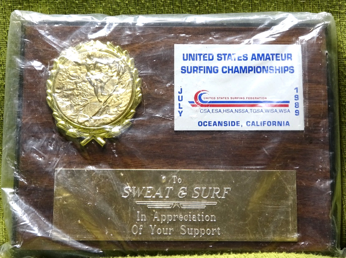 1989 US AMATEUR SURFING FEDERATION Wall PLAQUE Oceanside CA to SWEAT & SURF CO