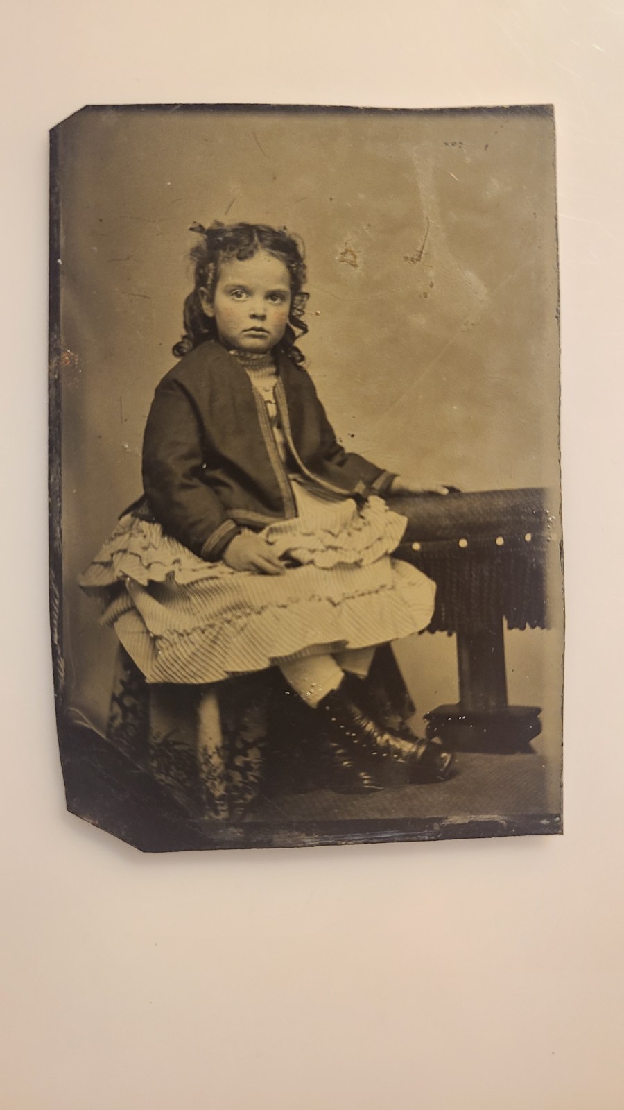 Antique 1860s Tintype Portrait Young Girl Elaborate Dress Early American Photo