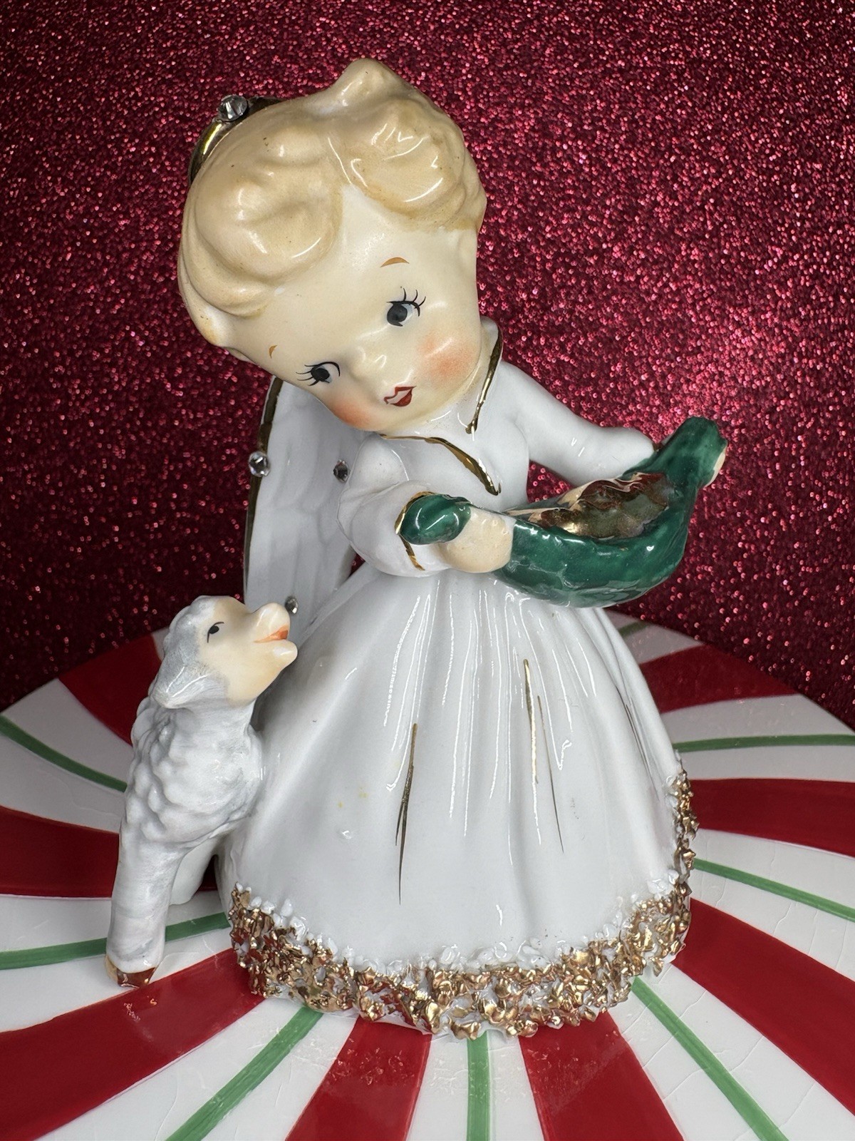 Vtg Angel Girl With Gold Stars & Lamb Christmas Bell Figurine Lefton Chase Japan