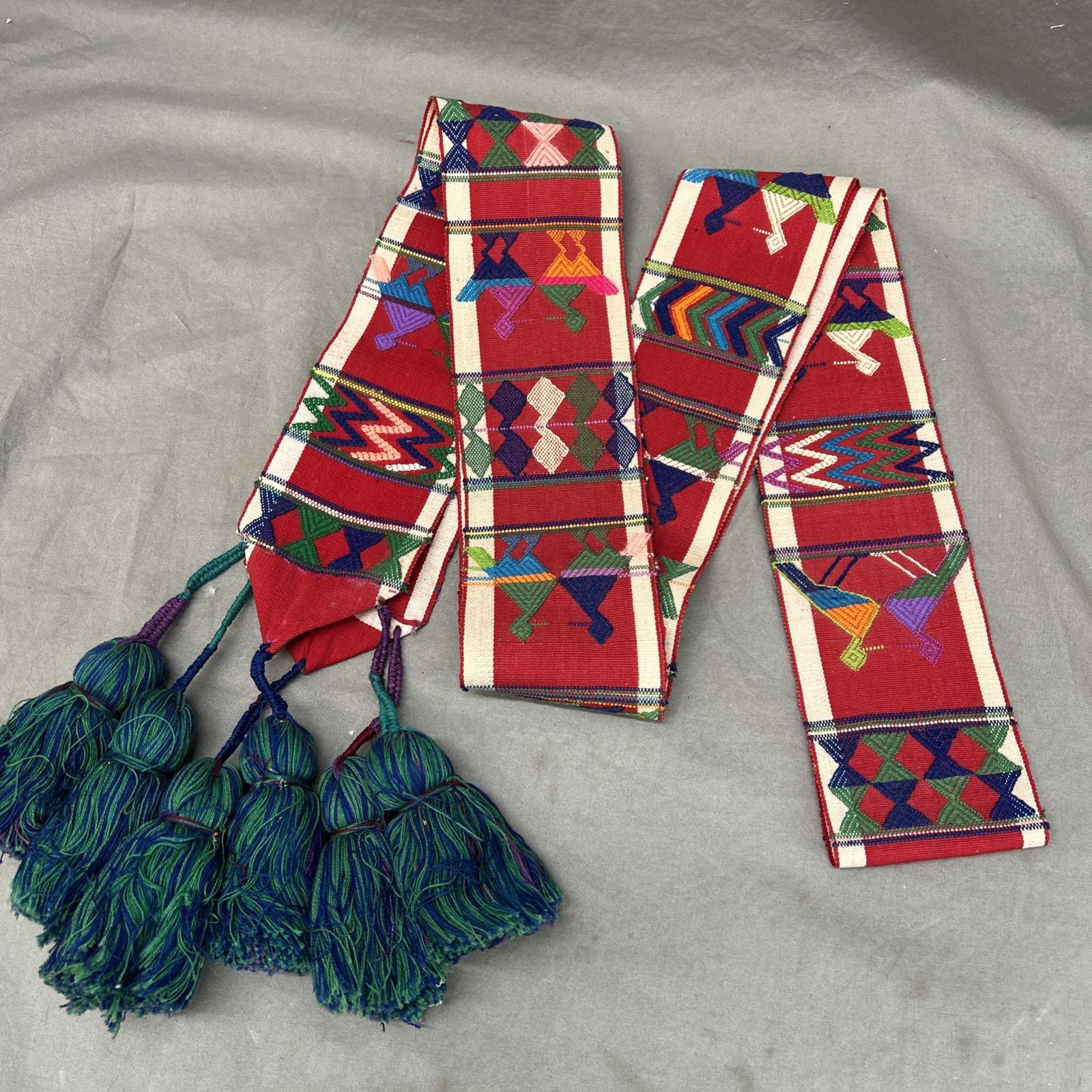 Vtg Hand Woven Guatemala Mayan Head Hair Wrap Cinta or Faja 6Tassels Embroidered