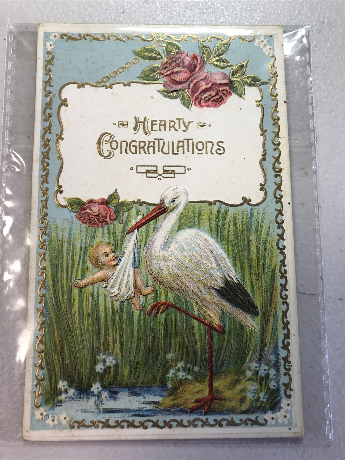 Vintage Antique 1910 Stork Bird Baby New Born congratulations postcard Litho