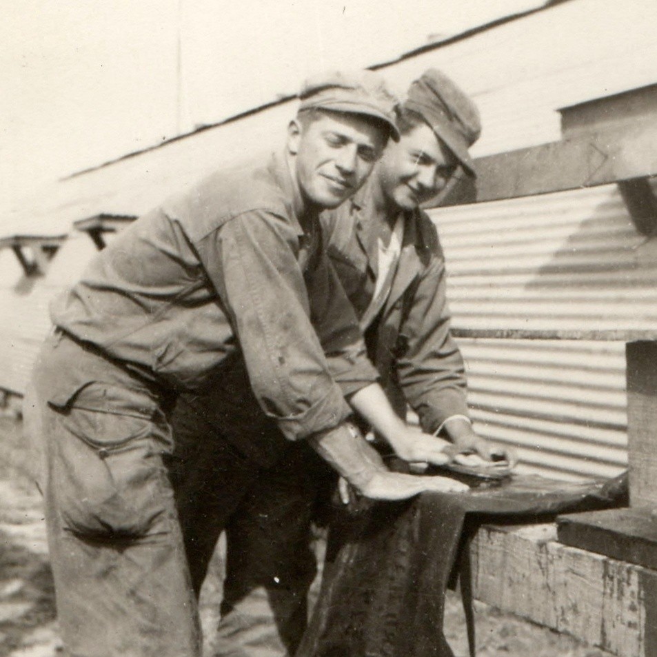 c1940s WWII Era Soldiers Washing Heavy Boots Snapshot Photo Workwear Camp Pail