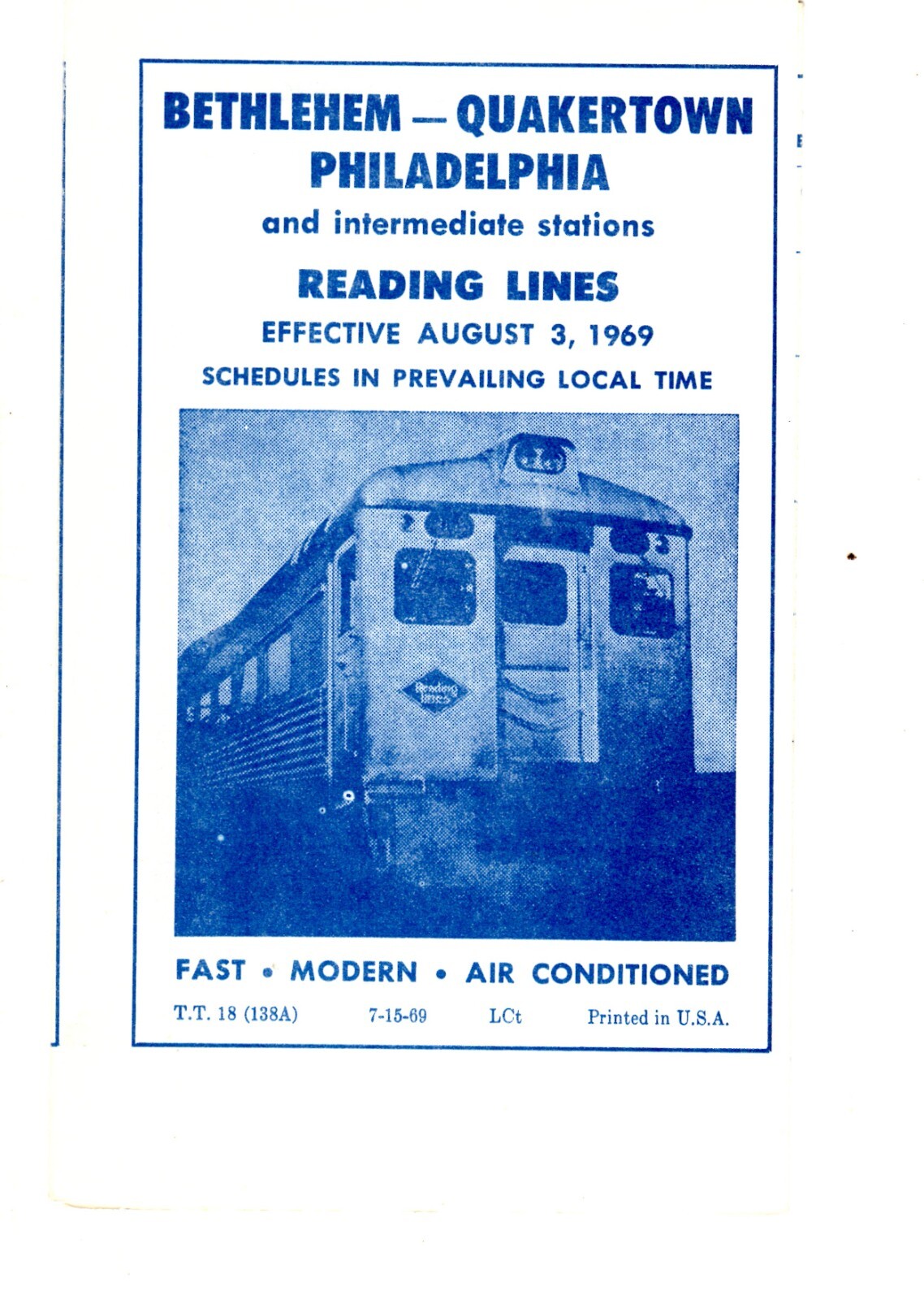 READING RAILROAD - PHILADELPHIA TO BETHLEHEM PUBLIC TIMETABLE - 8/3/1969