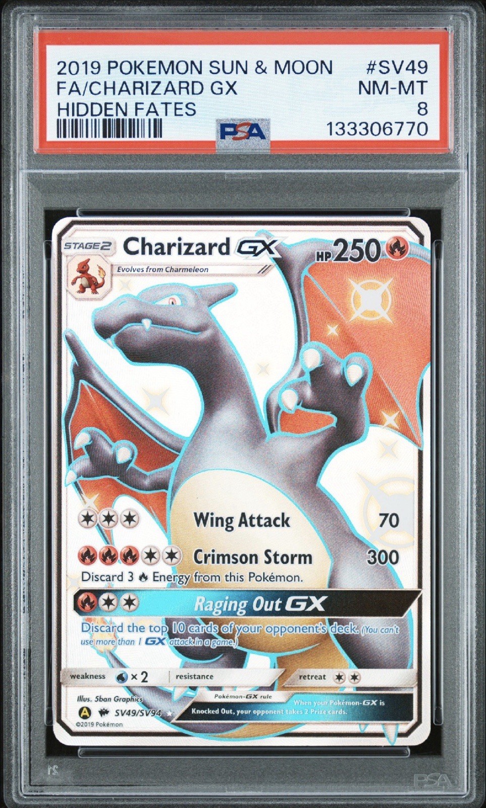 2019 POKEMON SUN & MOON HIDDEN FATES #SV49 FA/CHARIZARD GX PSA 8
