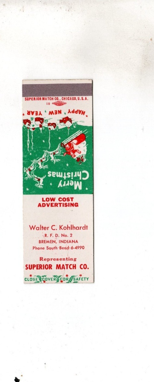 Vintage Matchcover   Walter C Kohlhardt Bremen, Indiana   Merry Christmas