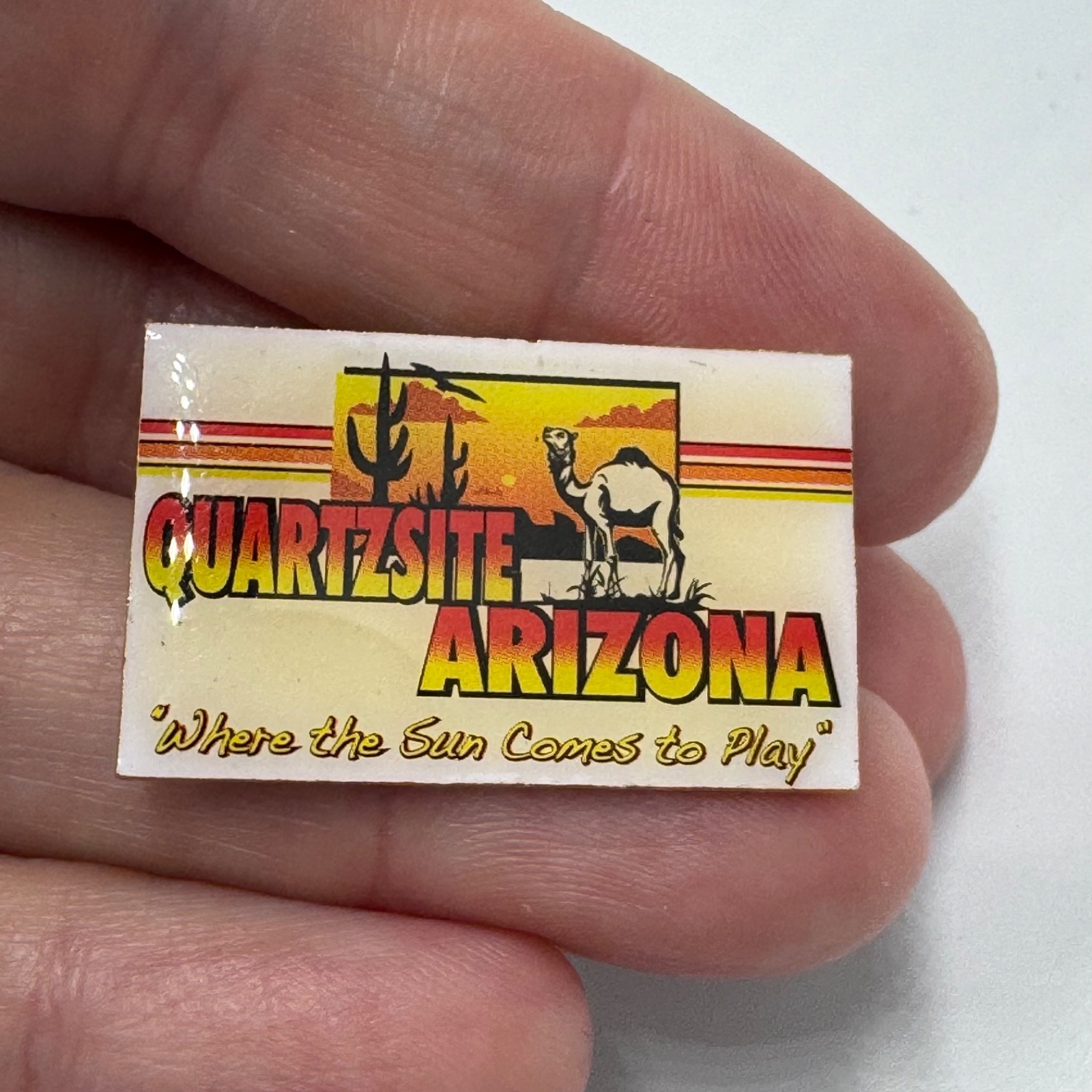 Vintage Quartzsite Arizona Lapel Pin Camel Sunset Slogan Rectangular Souvenir