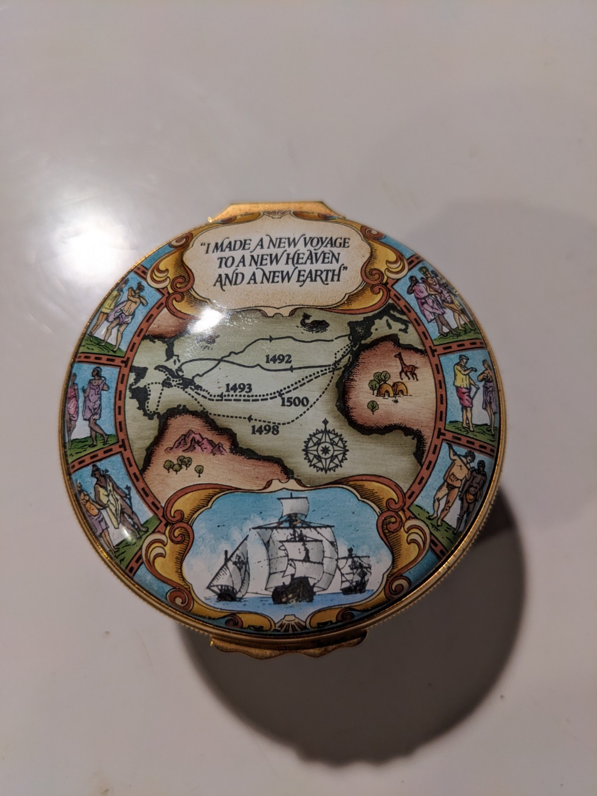 HALCYON DAYS CHRISTOPHER COLUMBUS 500TH ANNIVERSARY ENAMEL TRINKET BOX 415/500