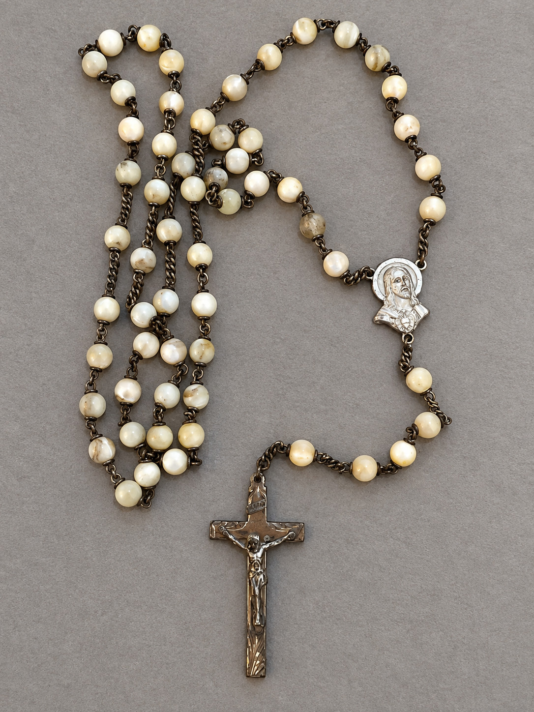 Vintage 1930s-40s Sterling Silver Mother of Pearl Rosary Sacred Heart Crucifix