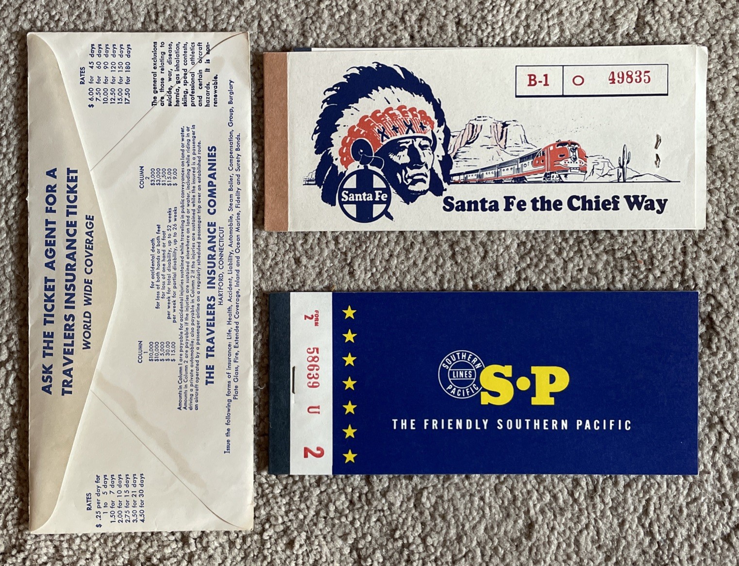 Vintage 1961 Santa Fe & Southern Pacific Train Ticket Lot - Phoenix to Iowa Maps