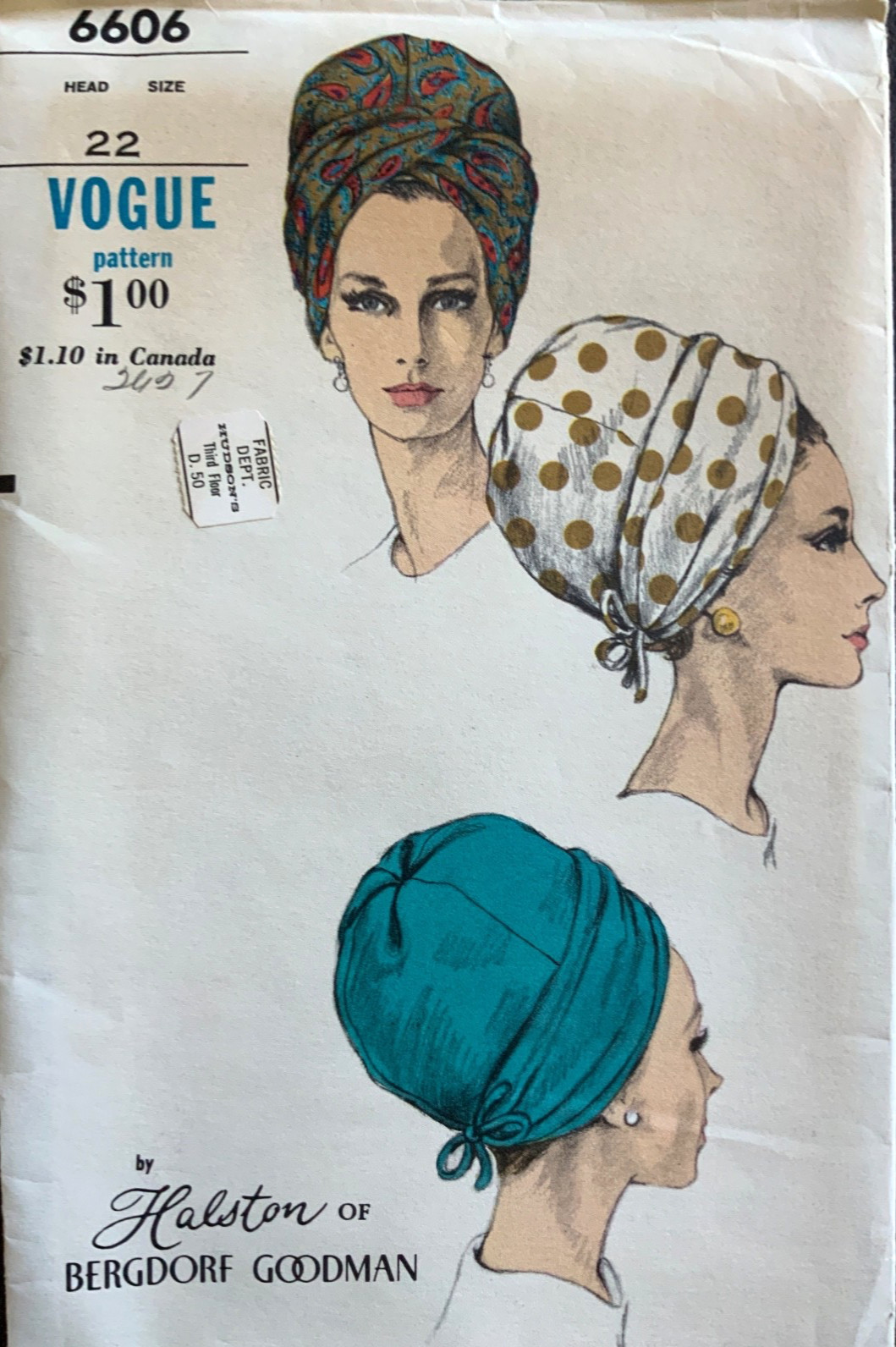 Vtg 1960s VOGUE Sewing Pattern 6606 Hat Head Wrap Turban Halston Bergdorf  UNCUT