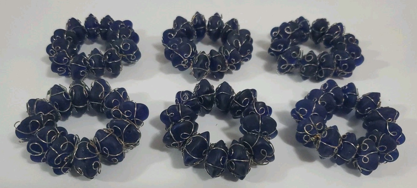 Vintage Blue Stone Wire Wrapped Napkin Rings Set of 6 Boho Artisan Table Decor