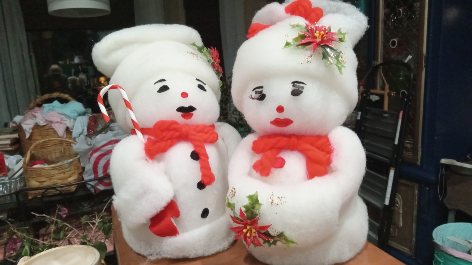 Vintage Snowman Couple Snowmen Cotton Batting Christmas Candy Cane Mittens Hats