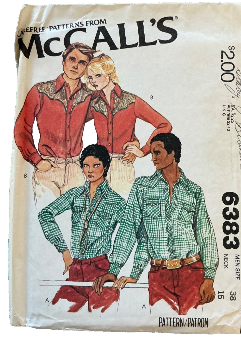1978 Vintage McCall’s Pattern 6383 Men’s size 38 Neck 15 western cowboy rodeo
