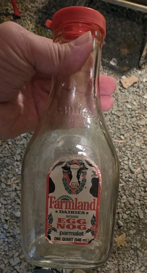 Vintage Farmland Glass Bottle Eggnog Egg Nog Quart  Lid And Label