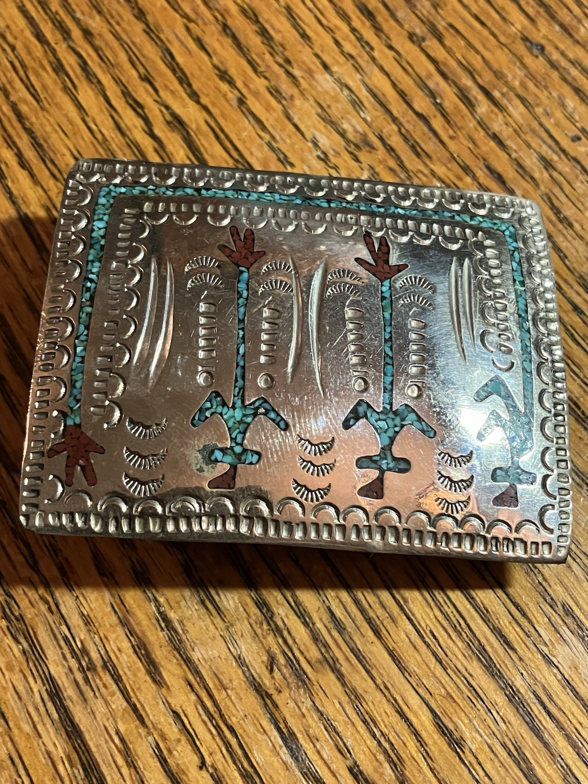 Zuni Chip Inlay Corn Maiden Nickel Silver Belt Buckle 2.5”x2” Vintage Turquoise